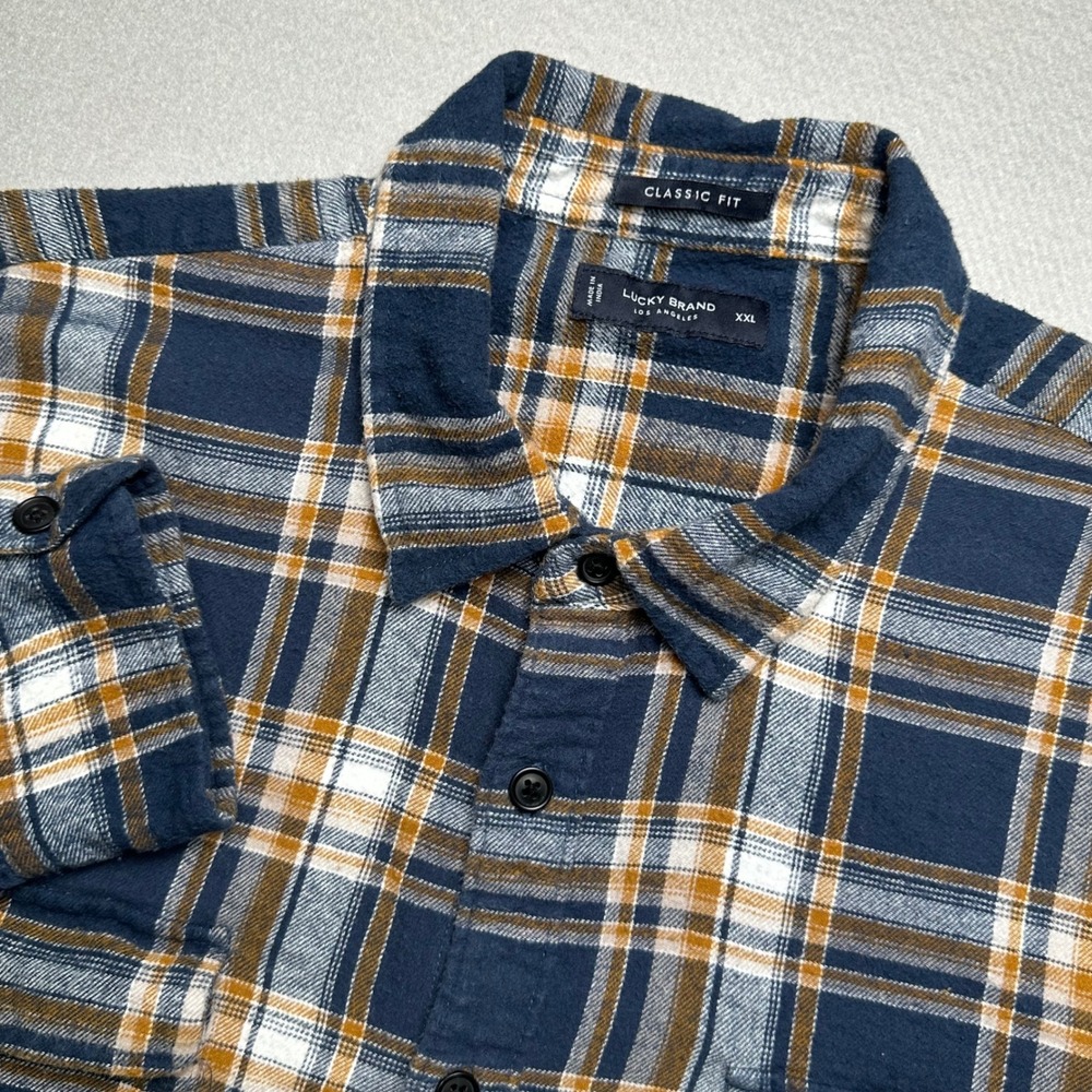 Lucky Brand Flannel Shirt Mens XXL Blue Yellow Plaid Classic Fit Button Down